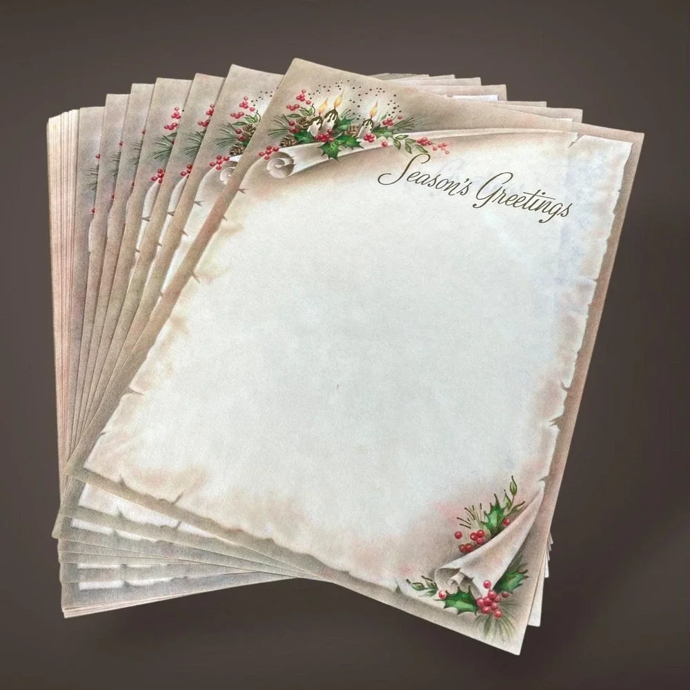 Season's Greetings Christmas Stationery‎ Set OPEN Box 1950s 60s Holly Candle Art